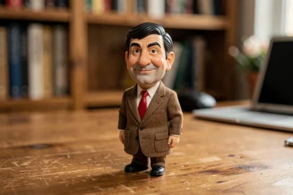 Figurine miniature réaliste de Mini Mister Bean en veste marron posée sur un bureau en bois