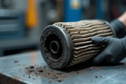 Filtre à particules FAP encrassé retiré d'un moteur 1.6 HDI posé sur un établi d'atelier mécanique