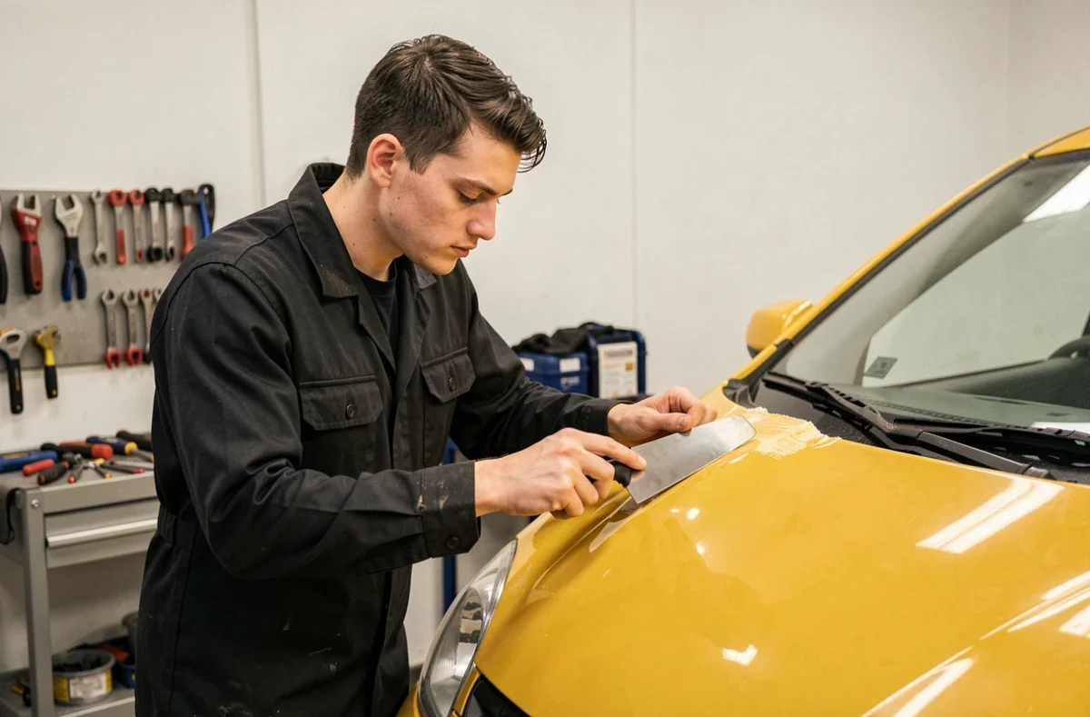 Carrossier de Fitzailo Auto appliquant du mastic de carrosserie sur une aile avant froissée d'une voiture jaune