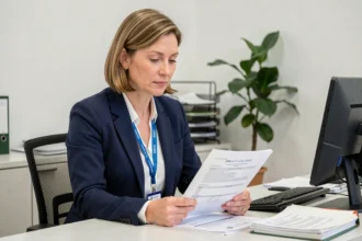Fonctionnaire femme examinant un contrat d'assurance automobile à son bureau administratif
