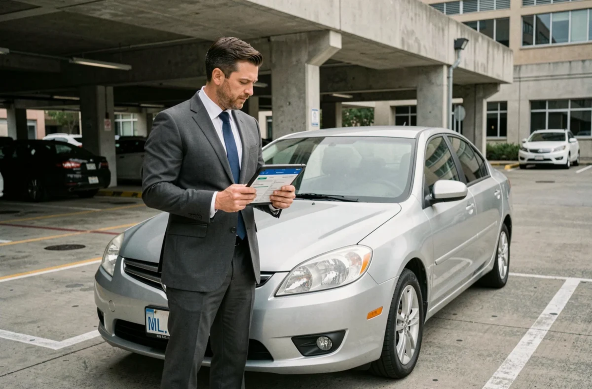 Fonctionnaire masculin comparant des offres d'assurance auto sur tablette dans un parking d'administration