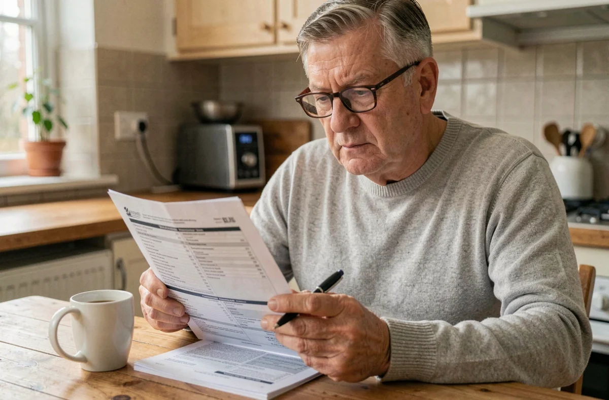 Fonctionnaire retraité lisant attentivement un contrat d'assurance voiture à domicile