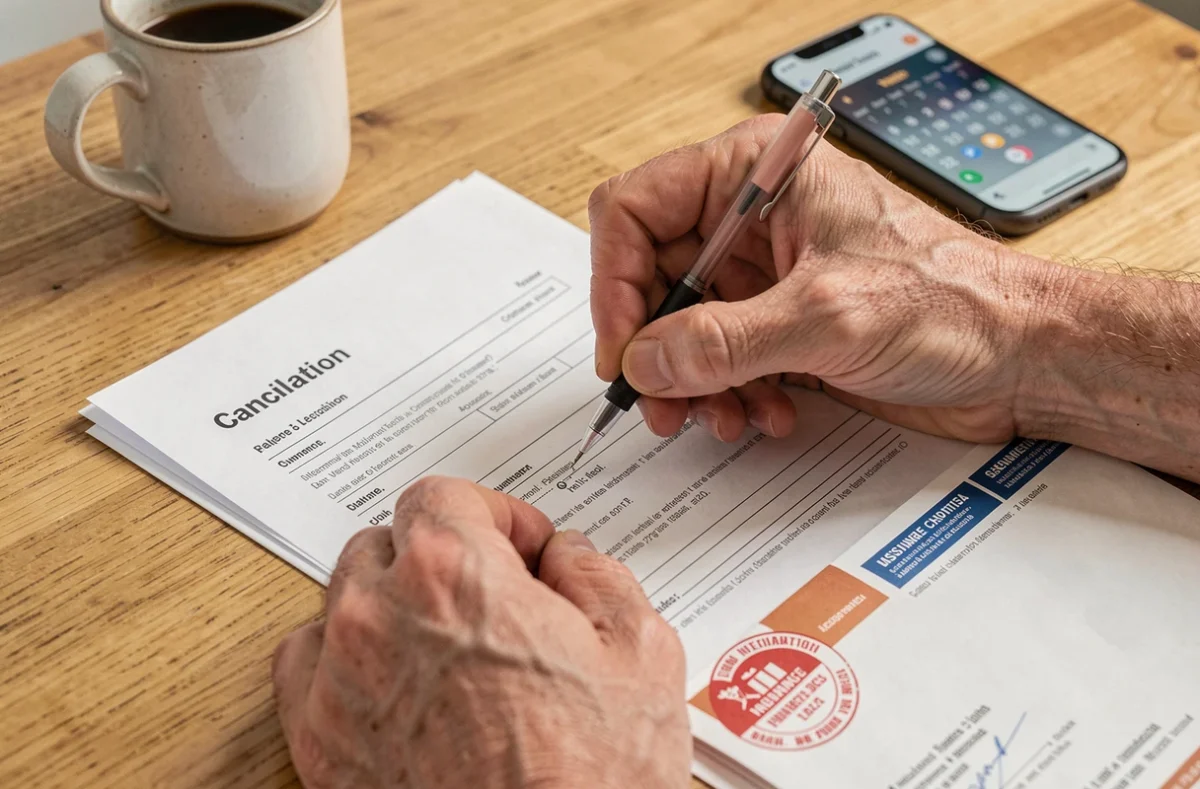 Mains remplissant un formulaire de résiliation d'assurance scooter avec enveloppe timbrée sur une table