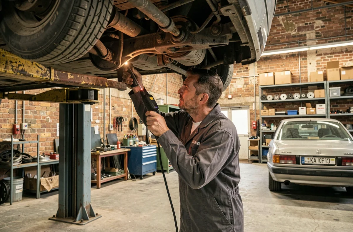 Mécanicien du Garage Berger dans la Loire inspectant le dessous d'un véhicule sur un pont élévateur