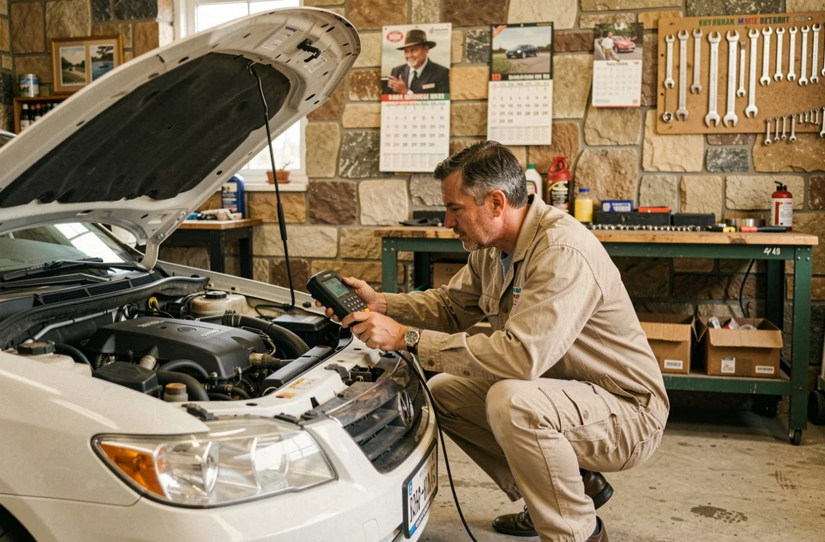 Mécanicien du Garage du Centre effectuant un diagnostic électronique sur une voiture familiale blanche dans un atelier traditionnel