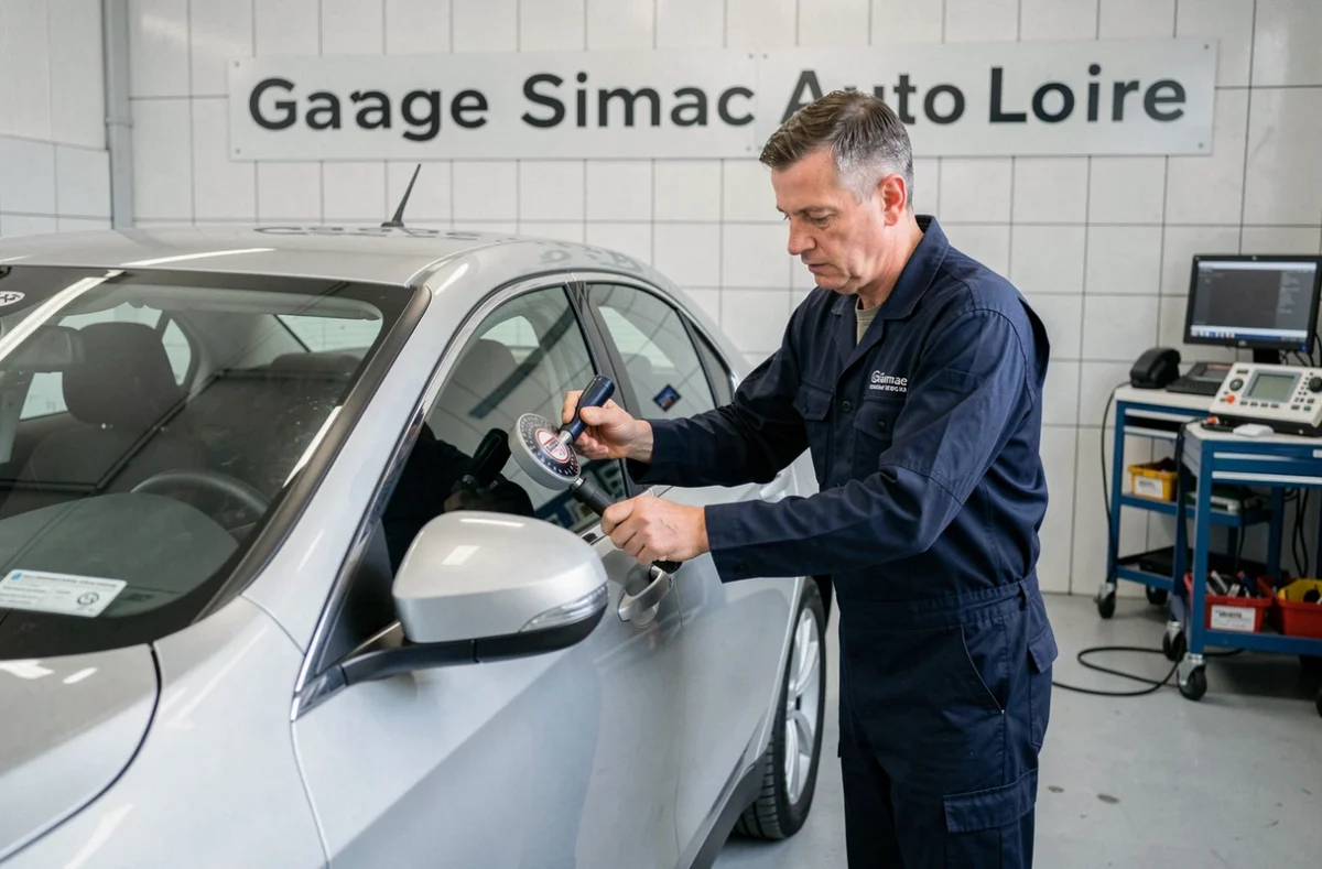 Technicien du Garage Simac Auto dans la Loire effectuant un contrôle qualité sur une berline réparée avec un outil de mesure d'épaisseur de peinture