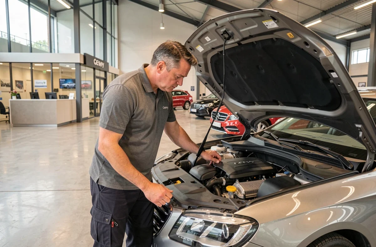 Technicien du concessionnaire Gemy Vannes inspectant le moteur d'une voiture d'occasion dans un showroom moderne