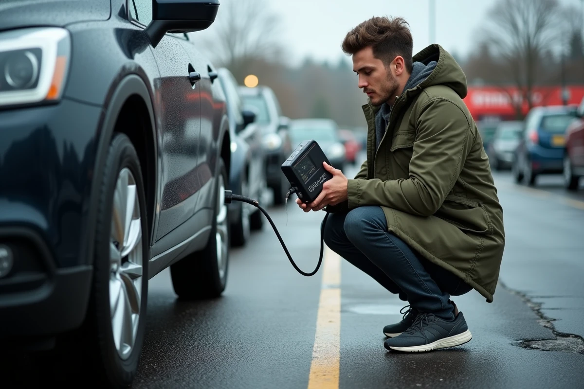 Jeune homme gonflant son pneu avec un compresseur portable dans un parking de supermarché