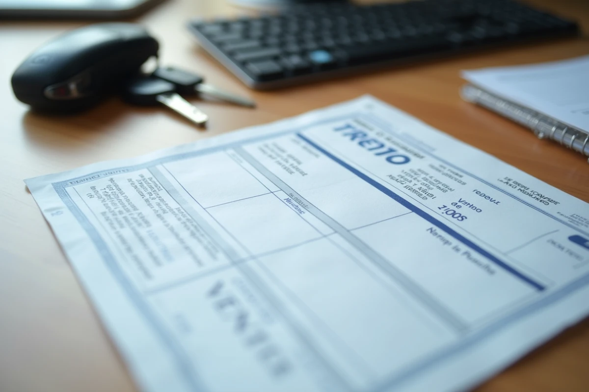 Gros plan d'une carte grise barrée avec la mention vendu et des clés de voiture posées à côté sur un bureau