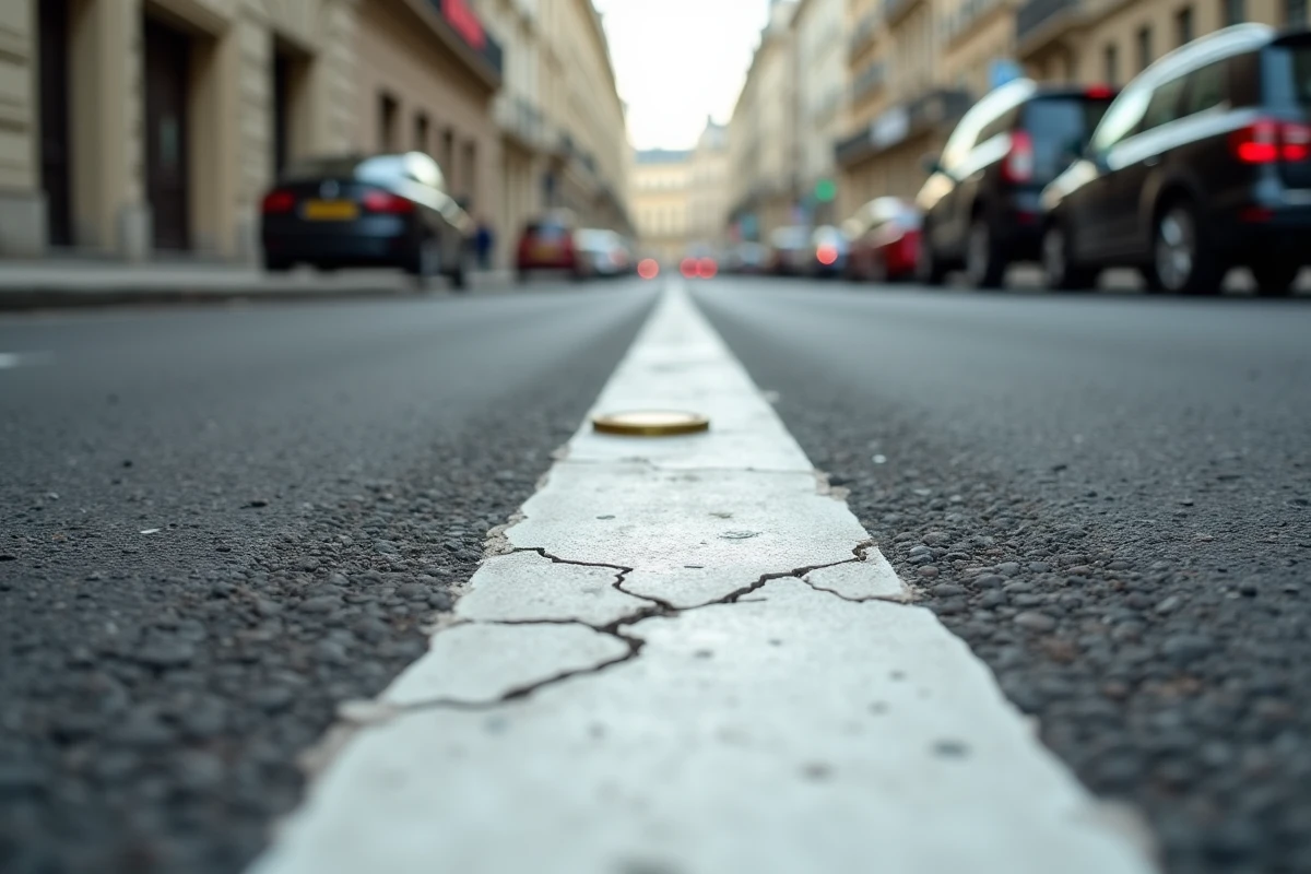 Gros plan sur les pointillés blancs au sol d'une zone de livraison parisienne usée