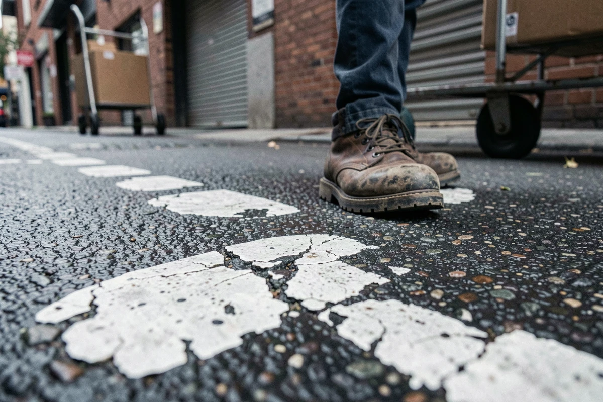 Gros plan sur les pointillés blancs d'une place de livraison usée au sol avec chaussures de livreur et diable de manutention visibles