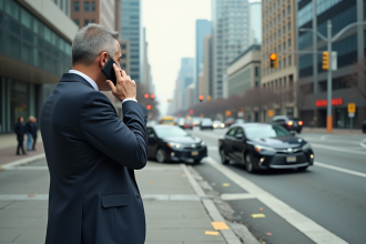 Homme d'affaires anxieux au téléphone devant un accident de voitures