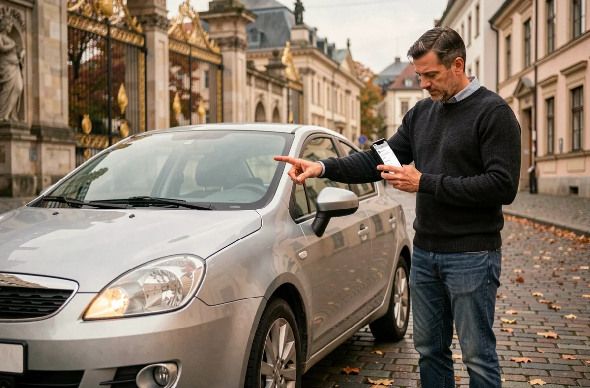 Homme consultant une application d'assurance auto sur smartphone à côté de sa voiture à Nancy