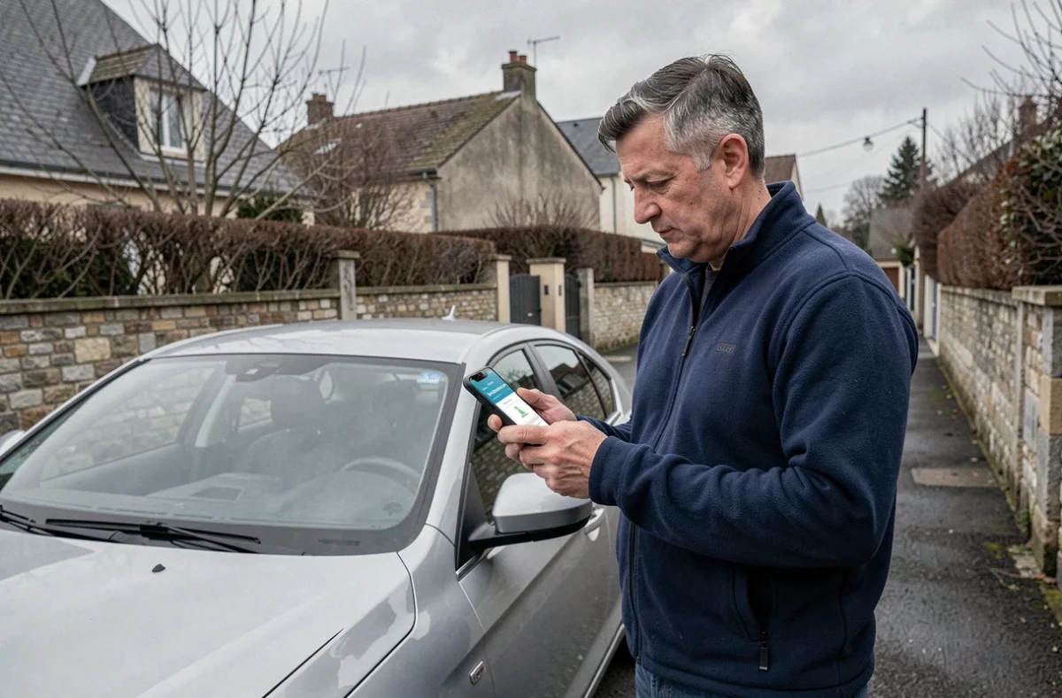 Homme debout près de sa voiture garée consultant une application d'assurance auto sur smartphone dans une rue résidentielle