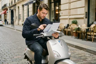 Homme consultant une application d'assurance scooter 125 sur son smartphone dans une rue urbaine