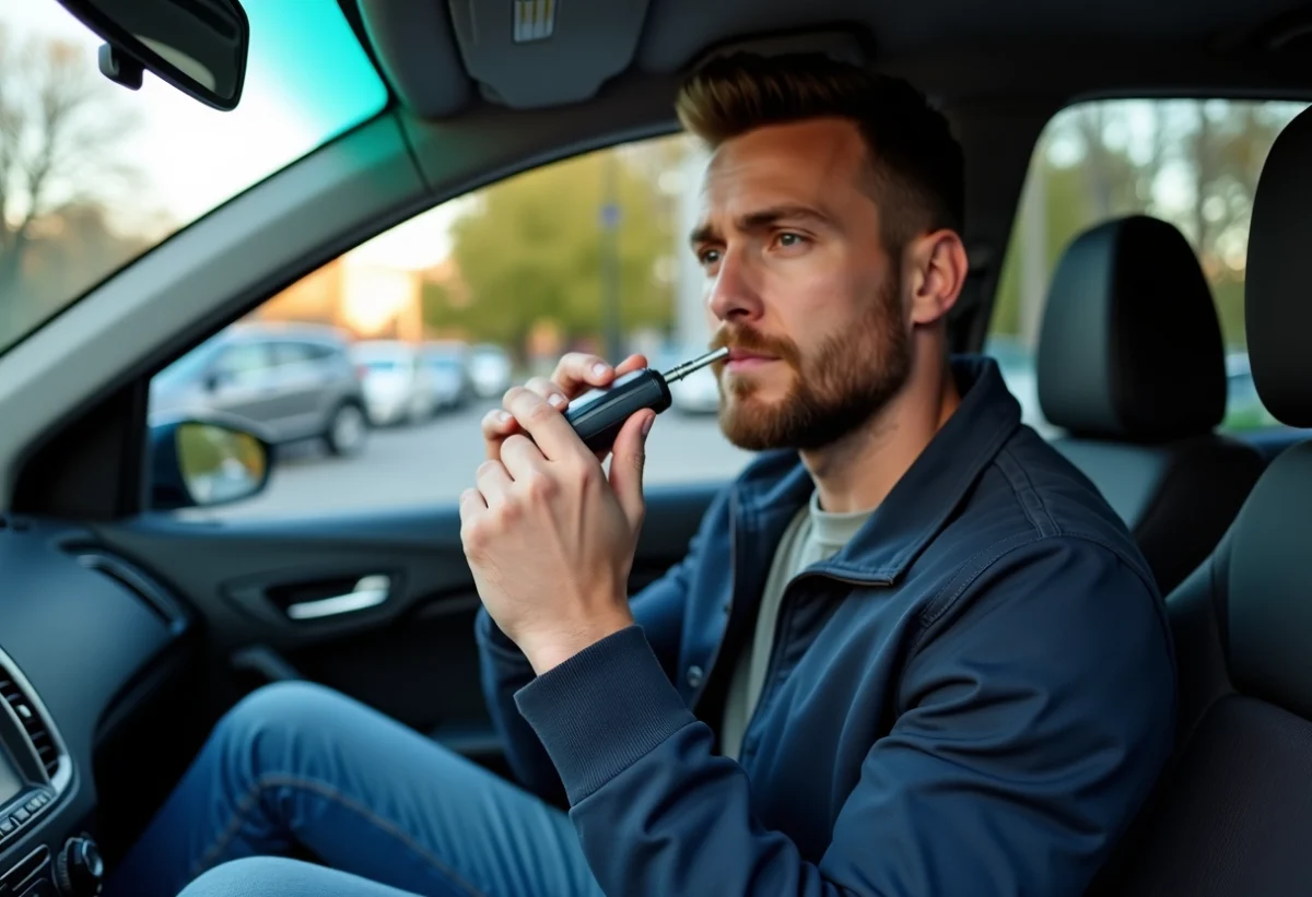 Homme utilisant un alcootest dans sa voiture