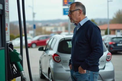 Homme d'âge moyen près d'une station essence en ville