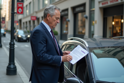 Homme d'âge moyen en costume à côté d'une voiture hybride en ville