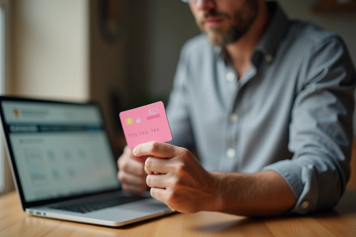 Homme consultant son permis de conduire européen rose format carte en pointant le numéro du document, avec un ordinateur portable ouvert en arrière-plan