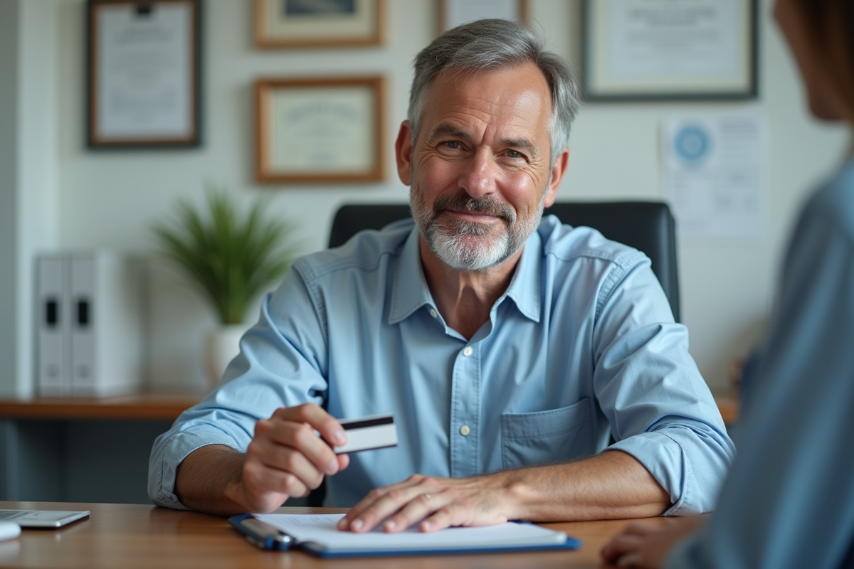 Homme d'âge moyen tenant sa carte d'identité dans un cabinet médical