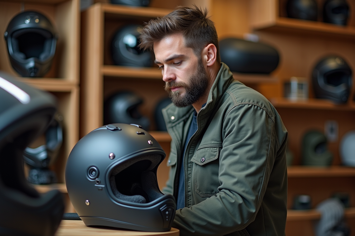 Jeune homme examinant un casque dans une boutique moto