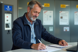 Homme français remplissant papiers d'immatriculation voiture