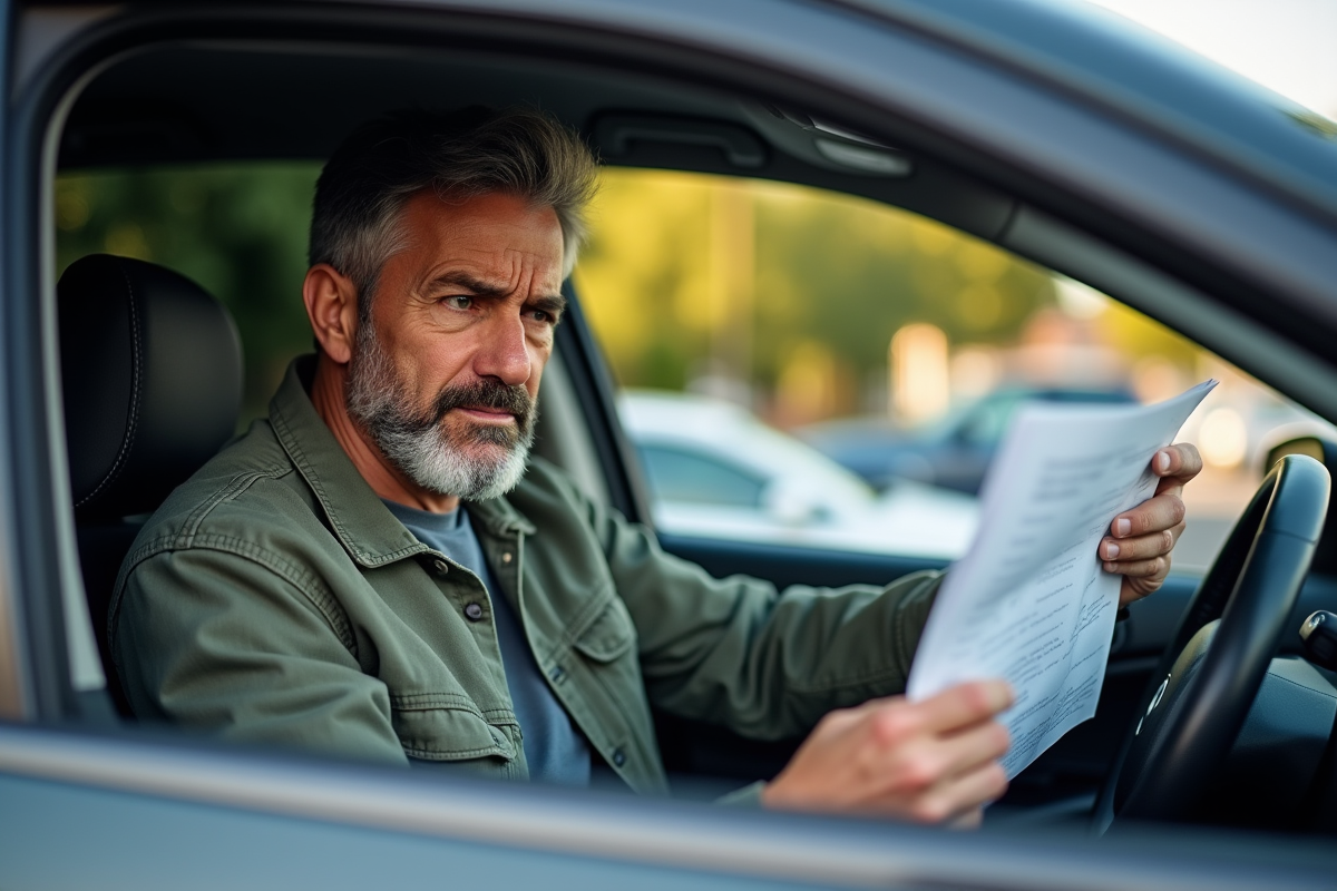 Homme inquiet examinant des documents dans sa voiture
