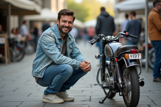 Homme souriant inspectant une moto Dax vintage en marché extérieur