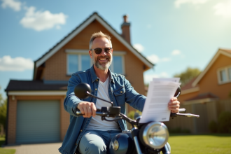 Homme détendu sur sa moto en face d'une maison ensoleillée