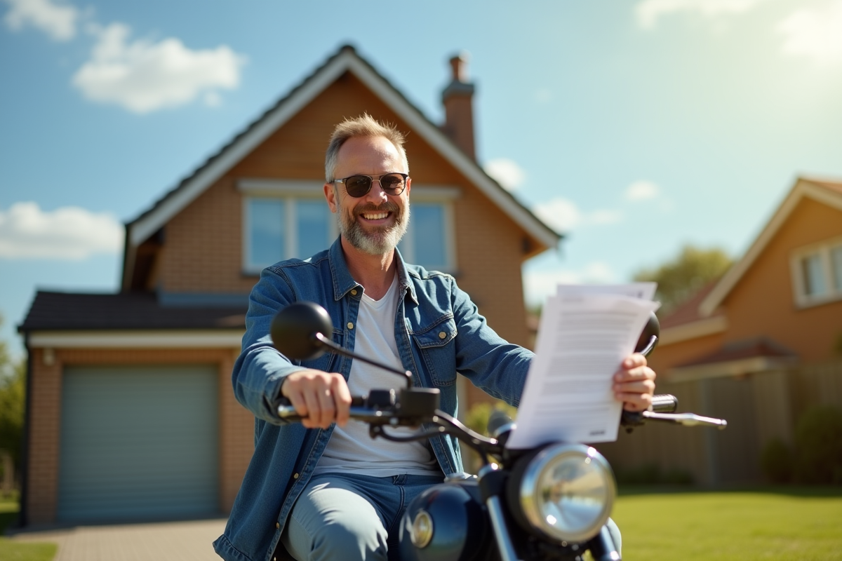 Homme détendu sur sa moto en face d'une maison ensoleillée