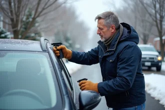 Homme appliquant un spray sur le pare-brise en hiver