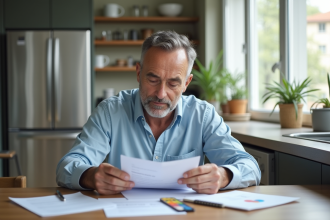 Homme en casual organise documents d'assurance voiture