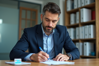 Homme en costume bleu travaillant à son bureau officiel