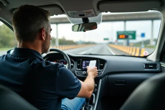 Homme en voiture au péage autoroute en France