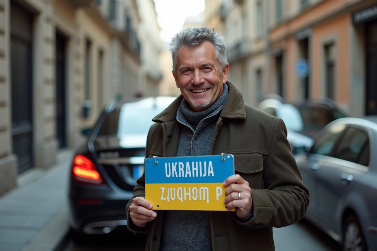 Homme tient plaque ukrainienne devant voiture en ville
