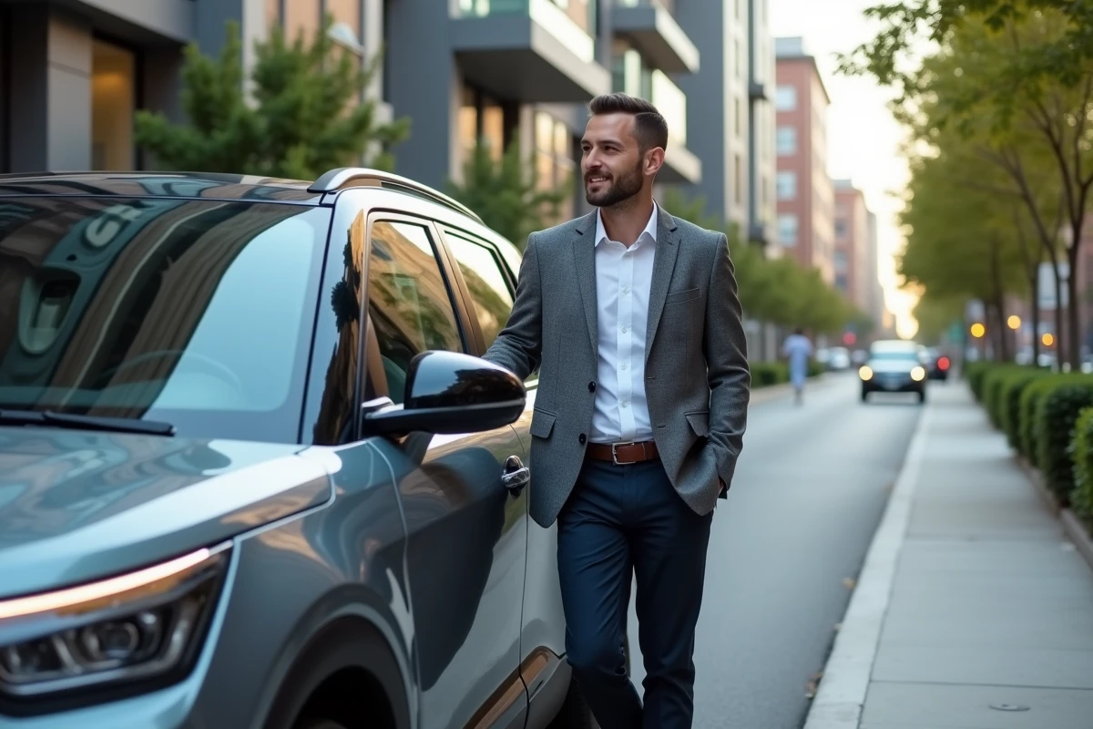 Homme regardant une voiture urbaine en ville