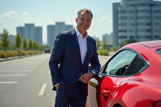 Homme en costume regardant une voiture rouge brillante