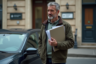 Homme d'âge moyen devant sa voiture et un bâtiment administratif