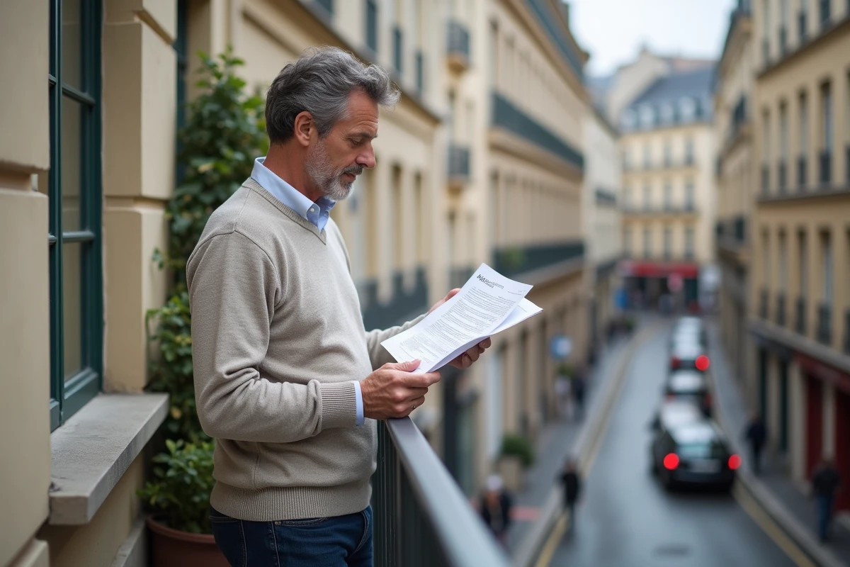 Homme français lit un formulaire PDF sur un balcon urbain