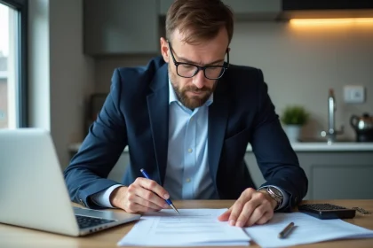 Homme vérifiant documents de voiture dans une cuisine moderne
