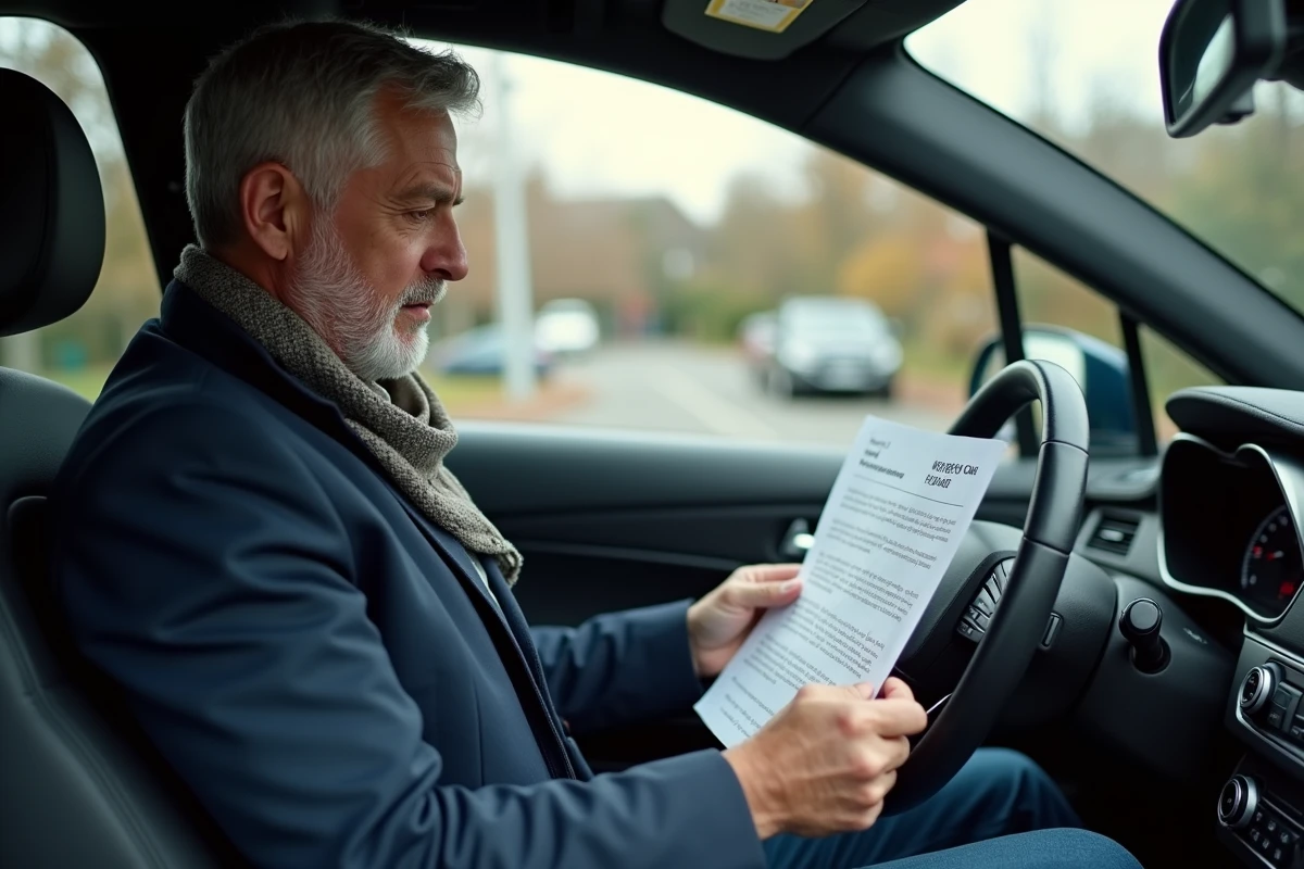 Homme dans une voiture vérifiant un PDF de questions de conduite