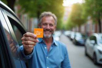 Homme souriant tenant une vignette Crit’Air orange devant sa voiture