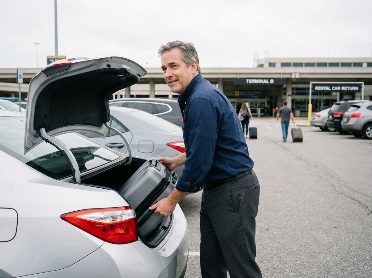 Homme chargé sa valise dans une voiture de location à l