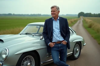 Homme élégant près d'une voiture de sport classique en campagne