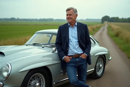 Homme élégant près d'une voiture de sport classique en campagne