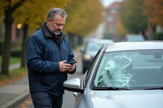 Homme inspectant une voiture endommagée dans la rue