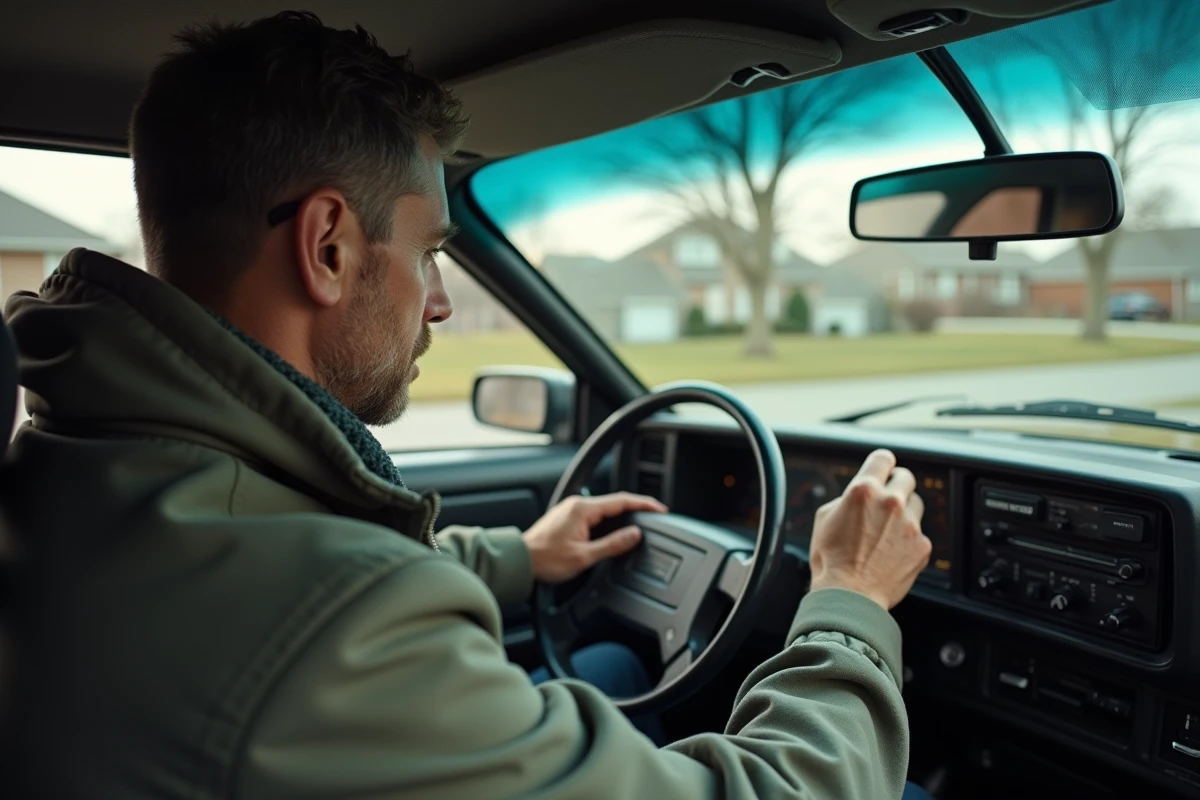 Homme d'âge moyen entrant un code dans une radio de voiture ancienne