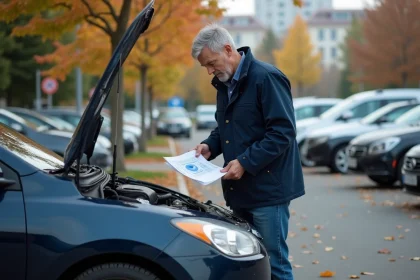 Homme examinant un rapport automobile à côté d'une voiture