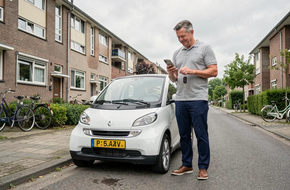 Homme debout à côté d'une voiture sans permis électrique dans une rue résidentielle après obtention d'un prêt CAF