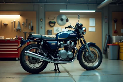 Honda CB Boldor 900 dans un garage privé bien équipé, vue 3/4 avant révélant le moteur et le carénage
